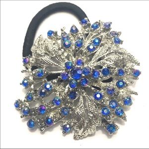 Ponytail Holder Brooch Blue Rhinestones 2 in 1